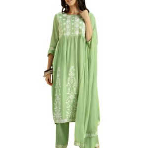 Kaari Women’s Chikankari Kurta Set with Dupatta -Fit & Flare…