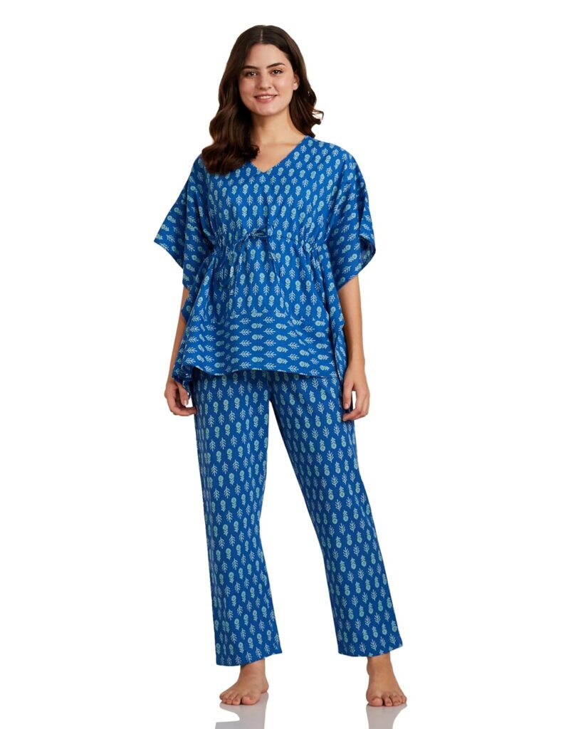 Amazon Brand – Myx Women’s Cotton Kaftan Top and Pajama Night Suit Set | Available in Plus Size