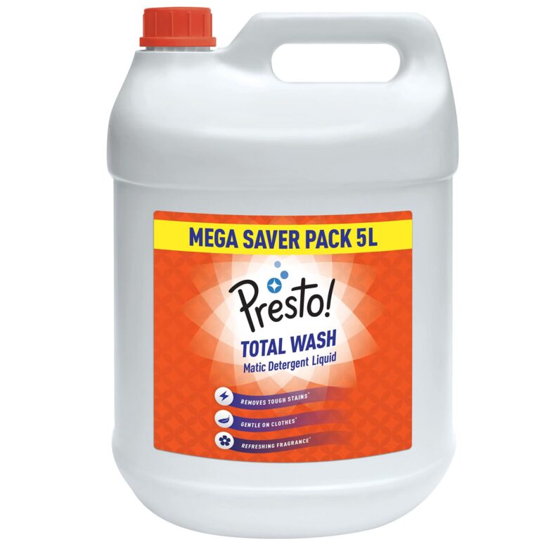 Amazon Brand – Presto! Total Wash Matic Detergent Liquid | 5 Litre | Removes Tough Stains | Gentle On Clothes | Refreshing Fragrance | Liquid Detergent For Washing Machine And Hand Wash
