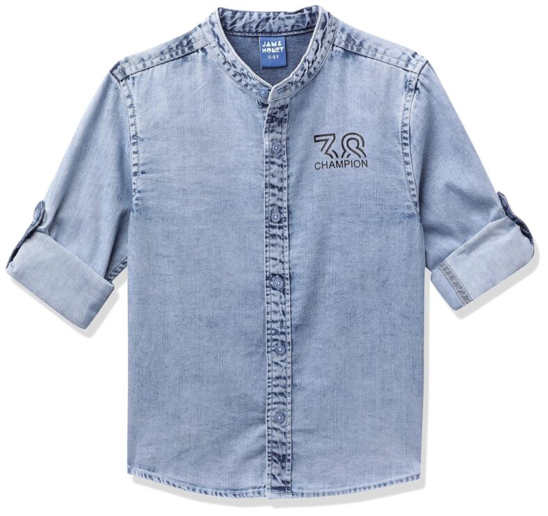 Amazon Brand – Symbol Boys 100% Cotton Mandarin Denim Shirt | Full Sleeves | Regular Fit | Age 2-14 Years